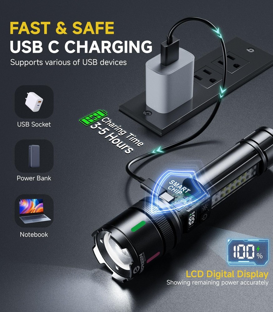 LED Rechargeable Flashlights High Lumens 10000 2 Pack, Single Click Bright Fl...