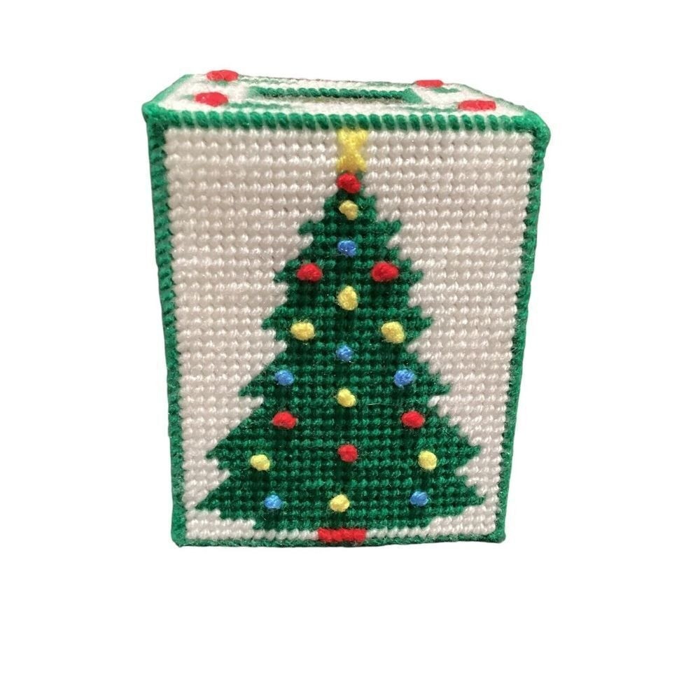 Handmade Plastic Canvas Christmas Tree Tissue Box Cover Coasters Set