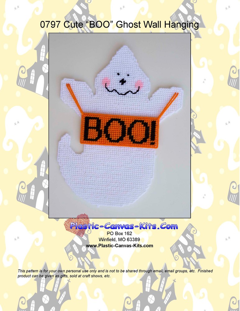 Cute "BOO!" Ghost Wall Hanging-Halloween-Plastic Canvas Pattern or Kit