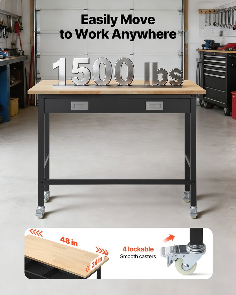 VEVOR 48-inch Workbench 1500 lbs Capacity Wood Top Work Table with Drawer