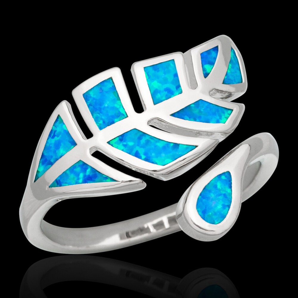 Tree Leaf Blue Fire Opal Silver Jewelry Bypass Wrap Ring Fit Size 7 8 9