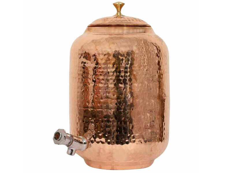 New Copper Water Dispenser (Matka) Hammered Container Pot With Bottle & 2 Glass