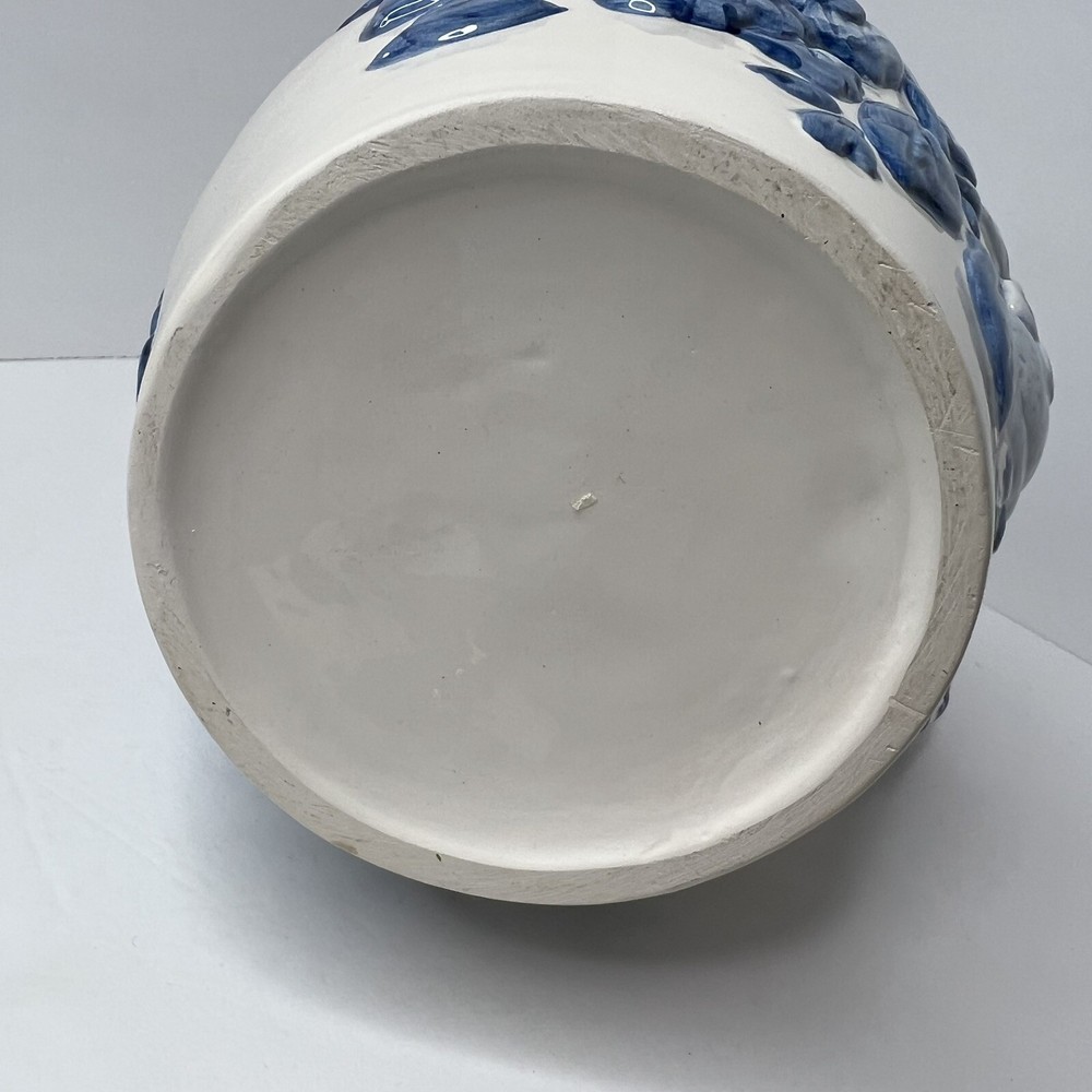Blue & White Ceramic Pitcher Raised Floral Flowers Fruit