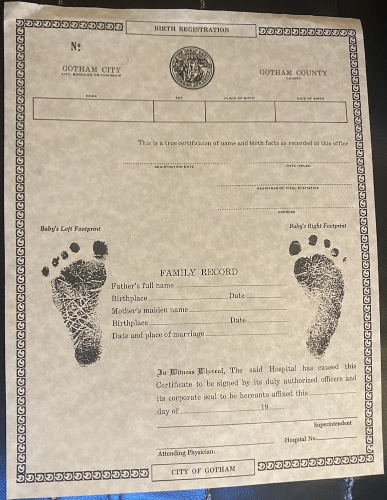 Batman Returns Movie Prop The Penguin Birth Certificate Danny DeVito DC Comics
