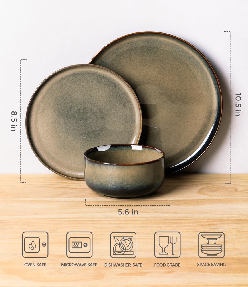 Ceramic Dinnerware Sets for 4, 12 Pcs Handmade Reactive Glaze Plates & Bowls Set