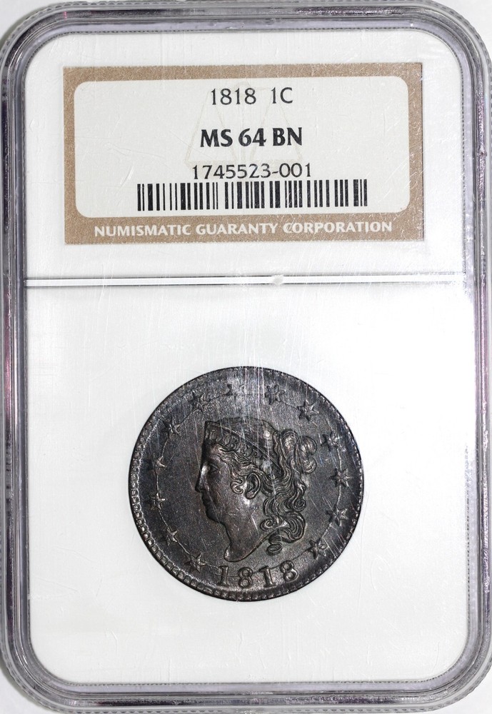 1818 1c N-10 Matron Head Large Cent NGC MS 64 BN