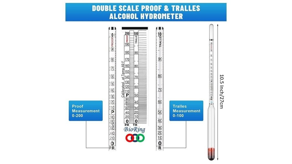 Alcohol Hydrometer 0-100% ABV Proof Tralle 0-200 For Whisky Moonshine Test Jar