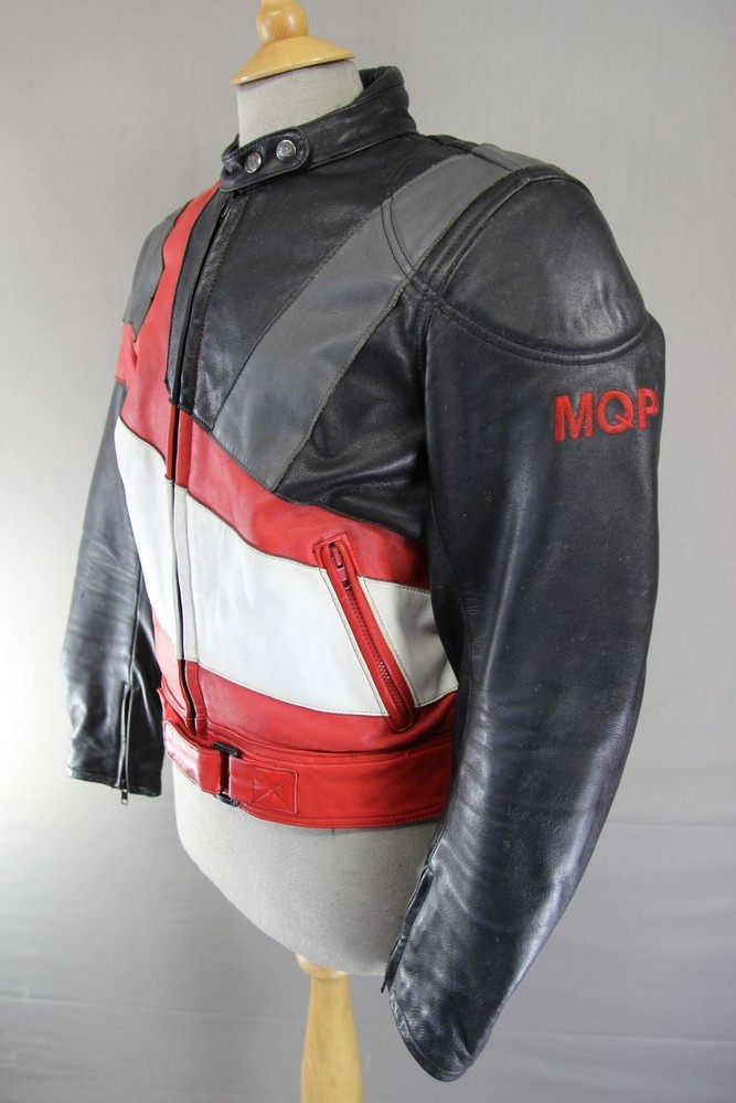 MQP BLACK, RED, WHITE & GREY LEATHER BIKER JACKET WITH BACK PROTECTOR: 42 INCHES