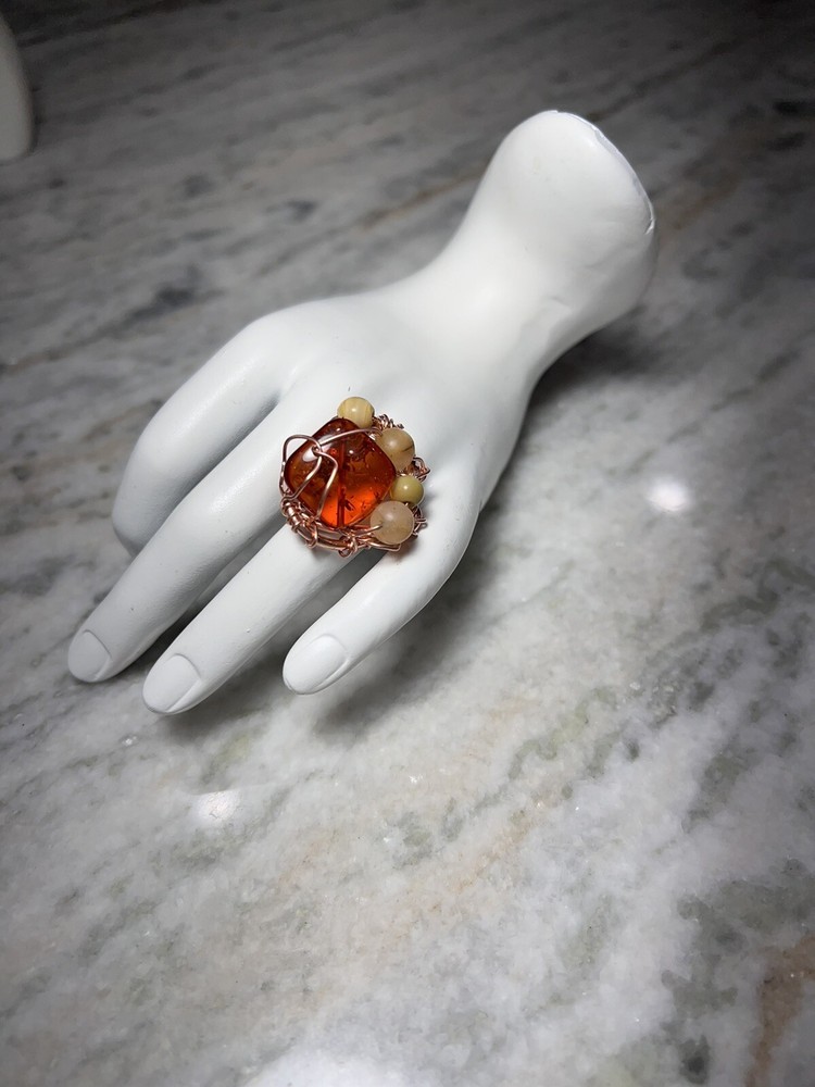 Artisan Hand Made Copper Ring With Amber, Size 6.5