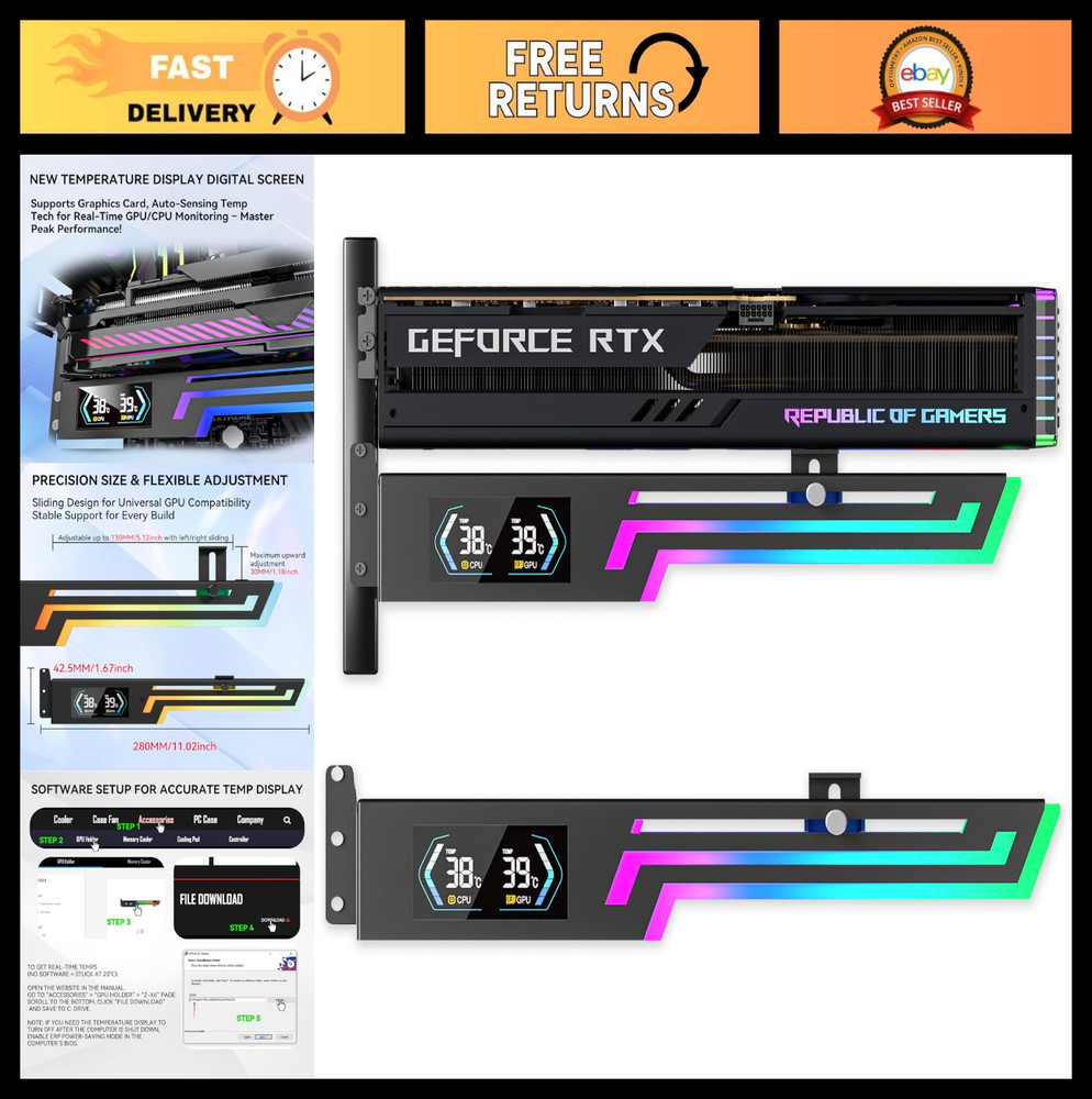 Adjustable GPU Support Bracket with Temp Display & RGB Lighting - Universal Grap