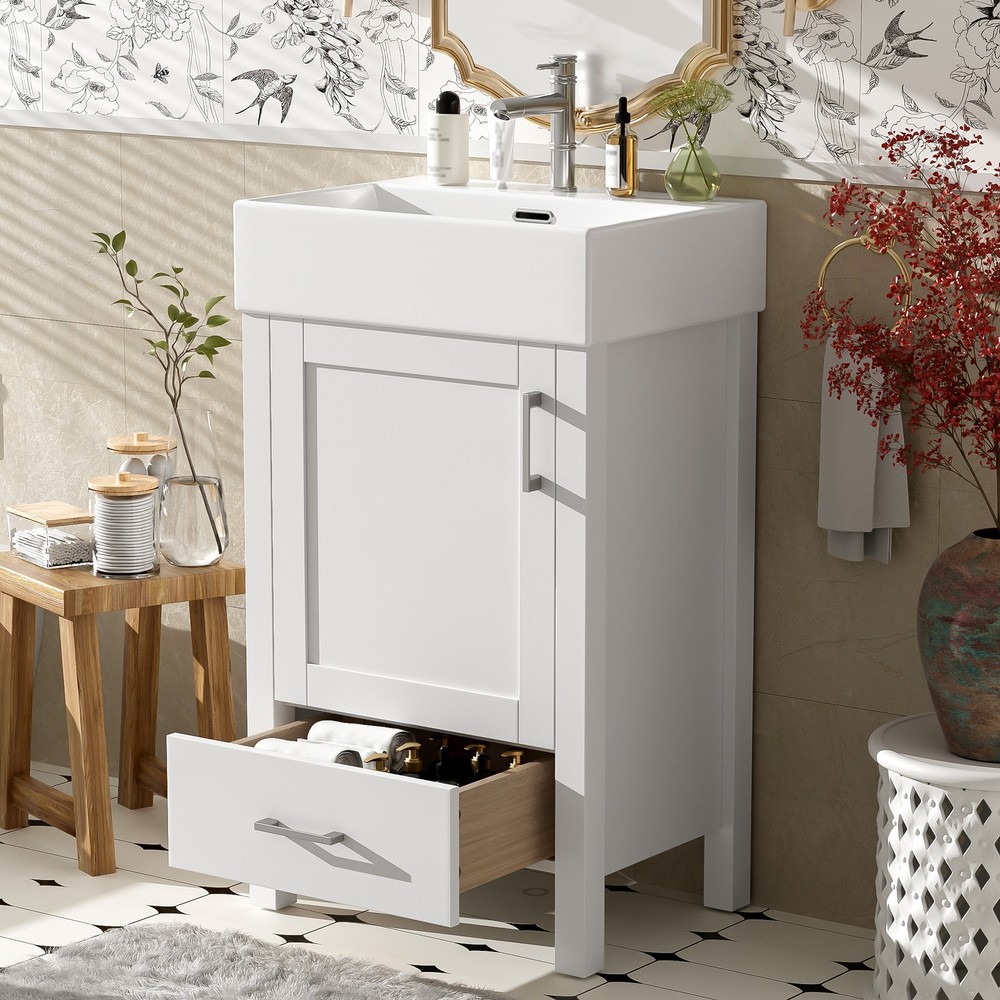 20.28'' White Modern Bathroom Vanity with Ceramic Sink, Solid Wood Frame, and Dr
