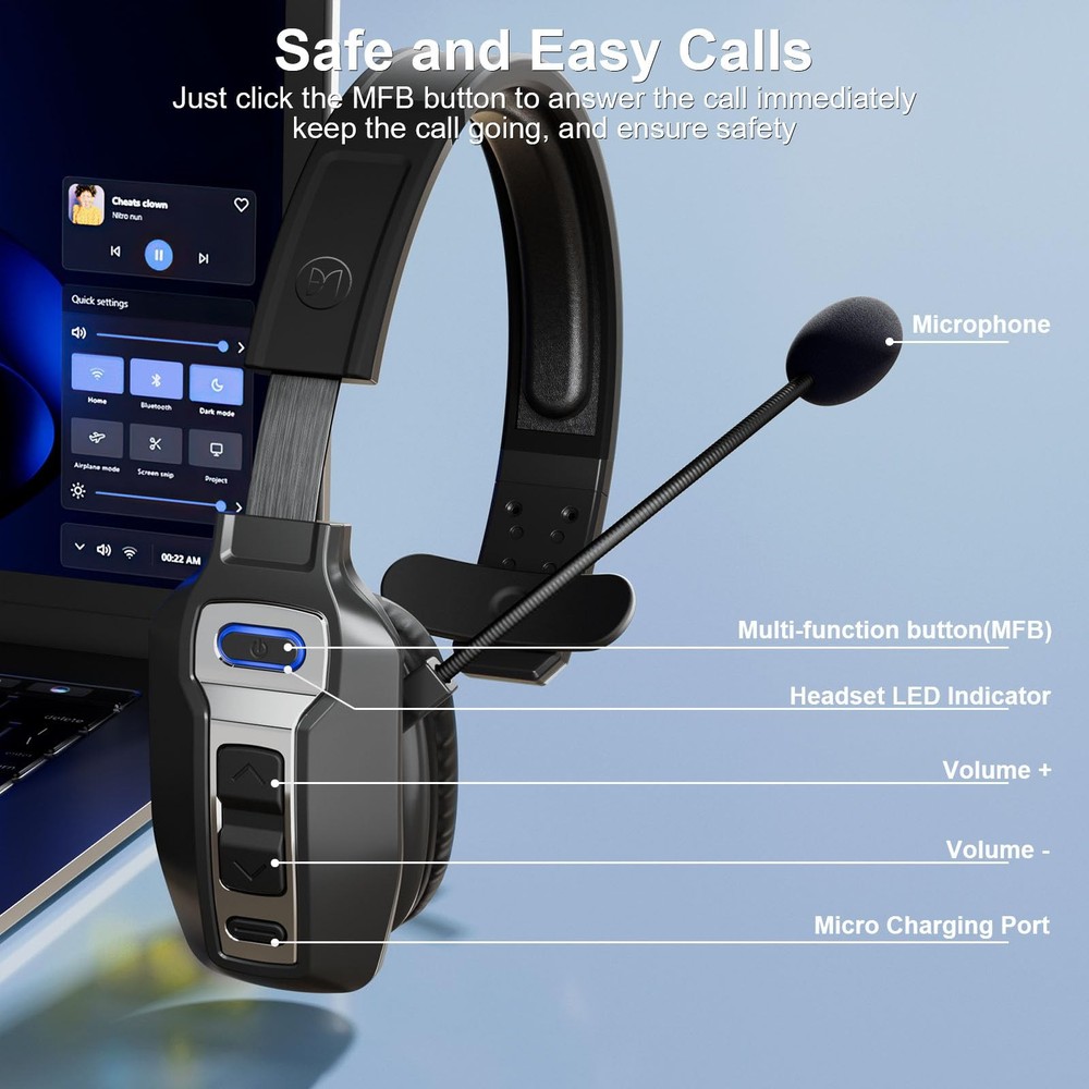 BRAMMAR Trucker Bluetooth Headset with AI Noise Cancellation Large, Black
