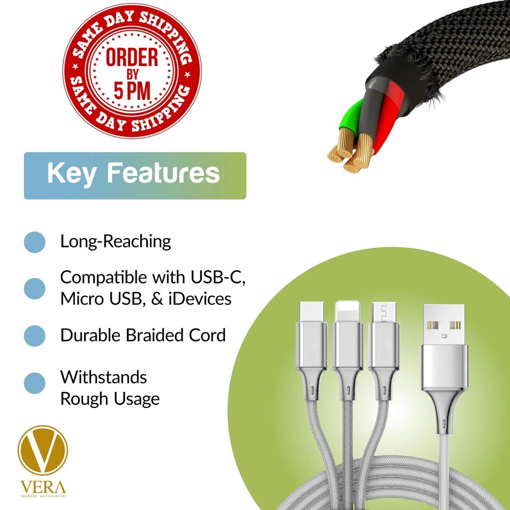 3 in 1 Fast USB Charging Cable Universal Multi Function Cell Phone Charger Cord