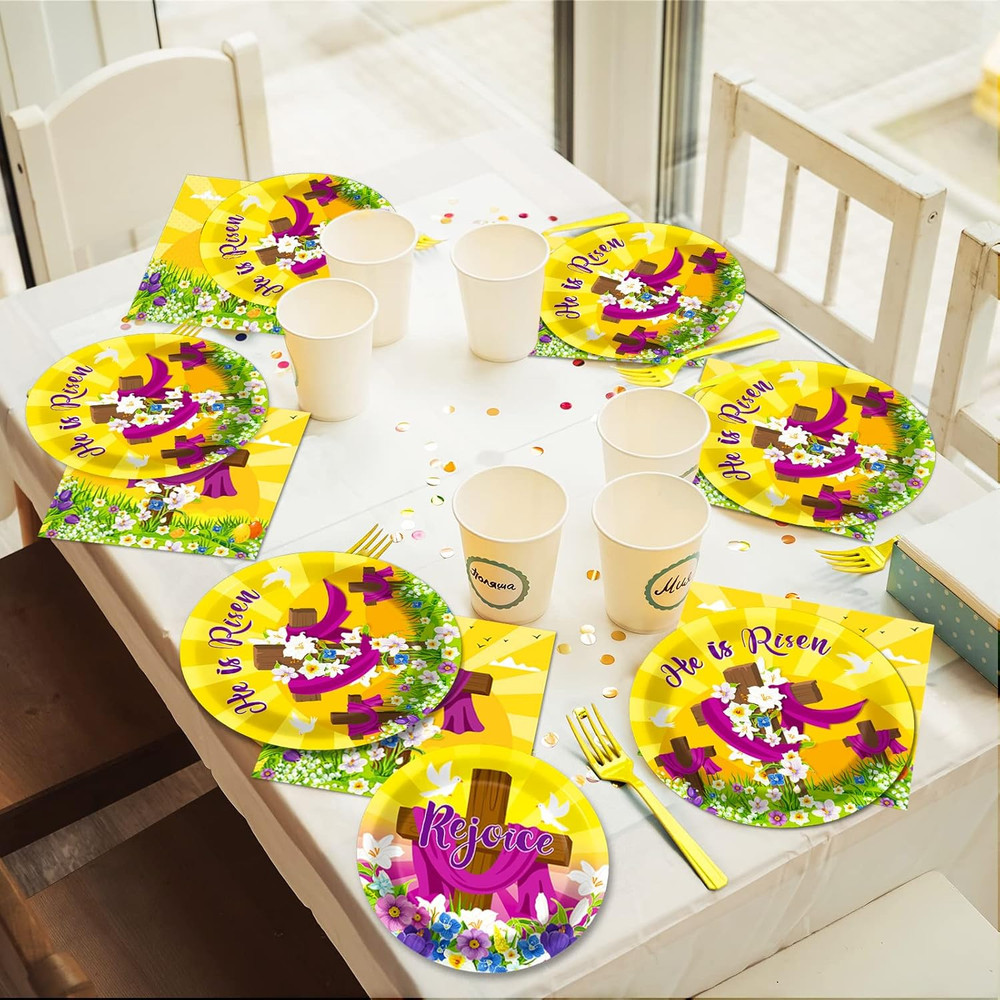 96 Pcs Easter Tableware Set He Is Risen Plates Happy Easter Party Plates East...