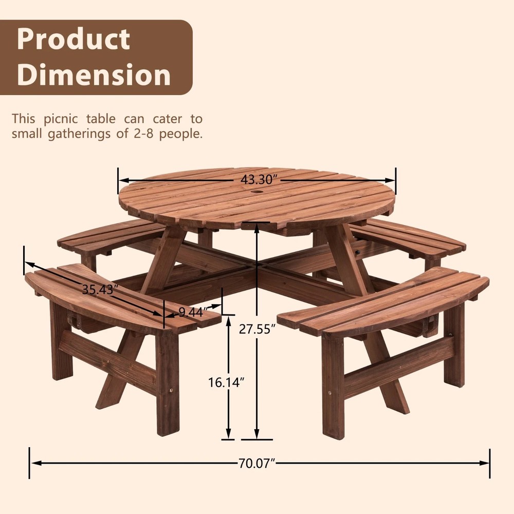 Circular Picnic Table With Bench Wooden Round Table Suitable for Backyard Garden