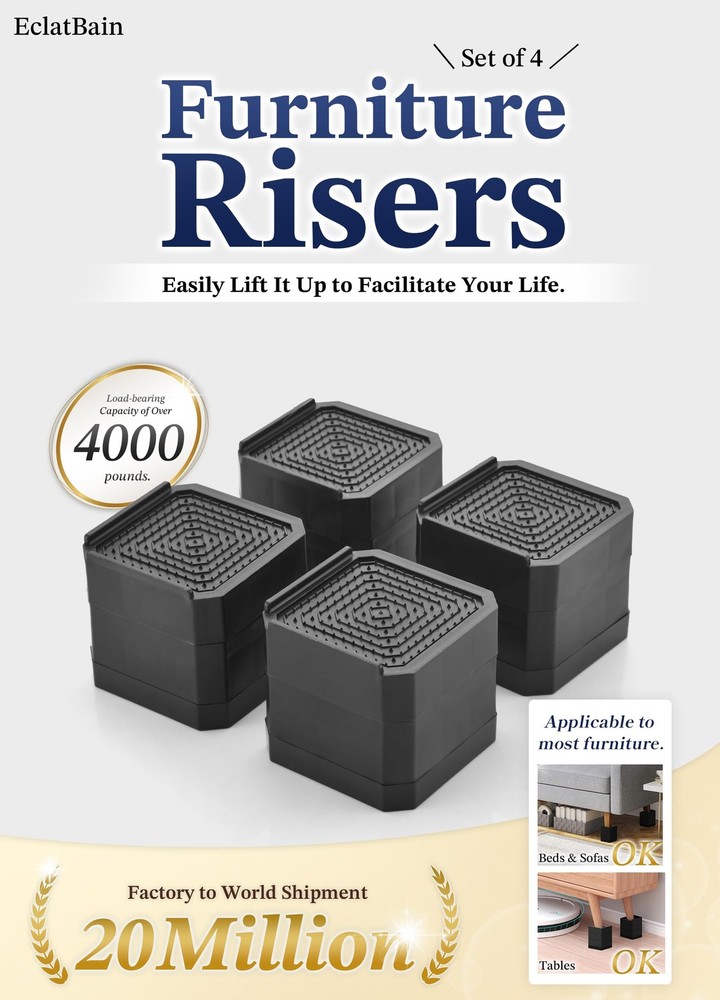 EclatBain Bed Risers Furniture Risers Heavy-Duty Rectangular Adjustable Block...