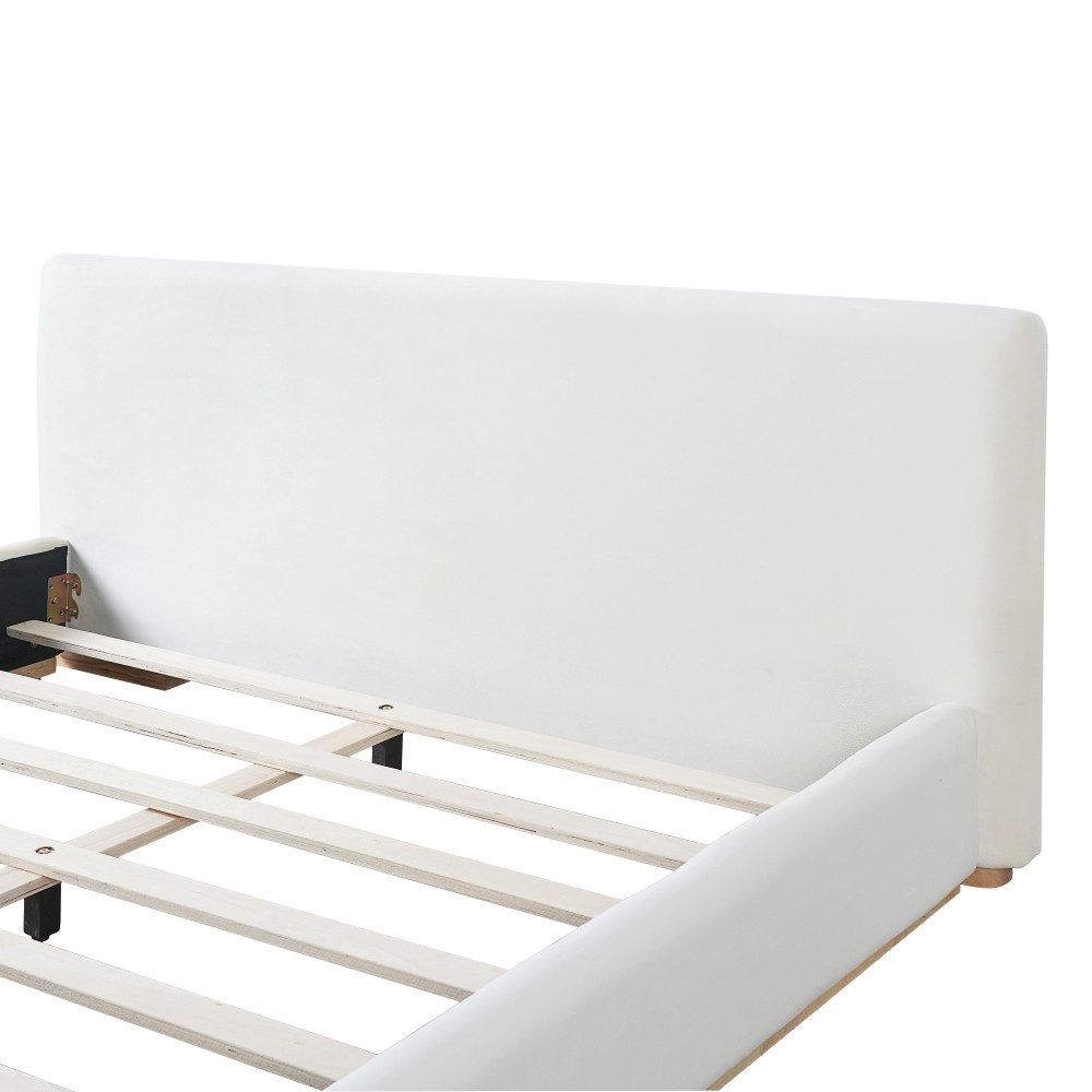 White Velvet King Bed Frame with Solid Wood Headboard & Footboard, Free Ship