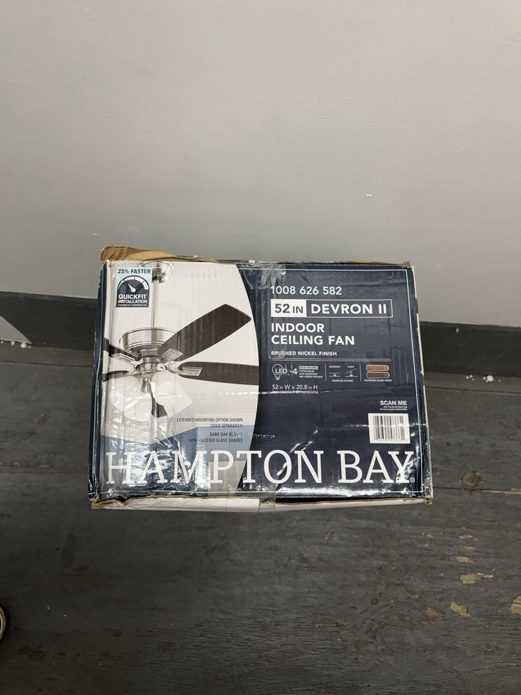 Hampton Bay Devron II 52in. Indoor Brushed Ceiling Fan with Light Kit New (OPEN)