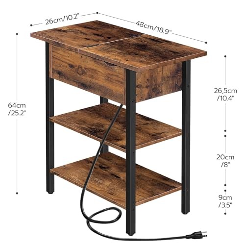 End Table with Charging Station, Narrow Side Table, 1 Rustic Brown + Black