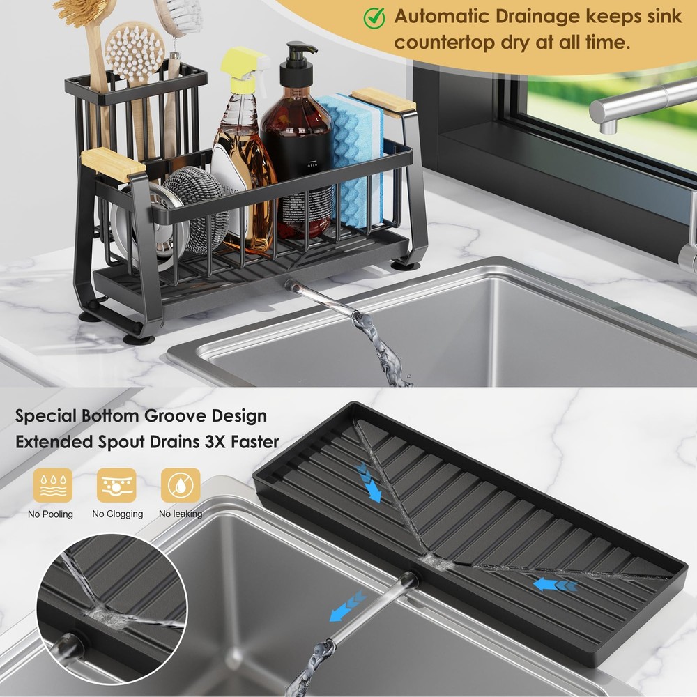 Sponge Holder for Kitchen Sink with Dish Brush Holder, Rustproof 304 Stainles...