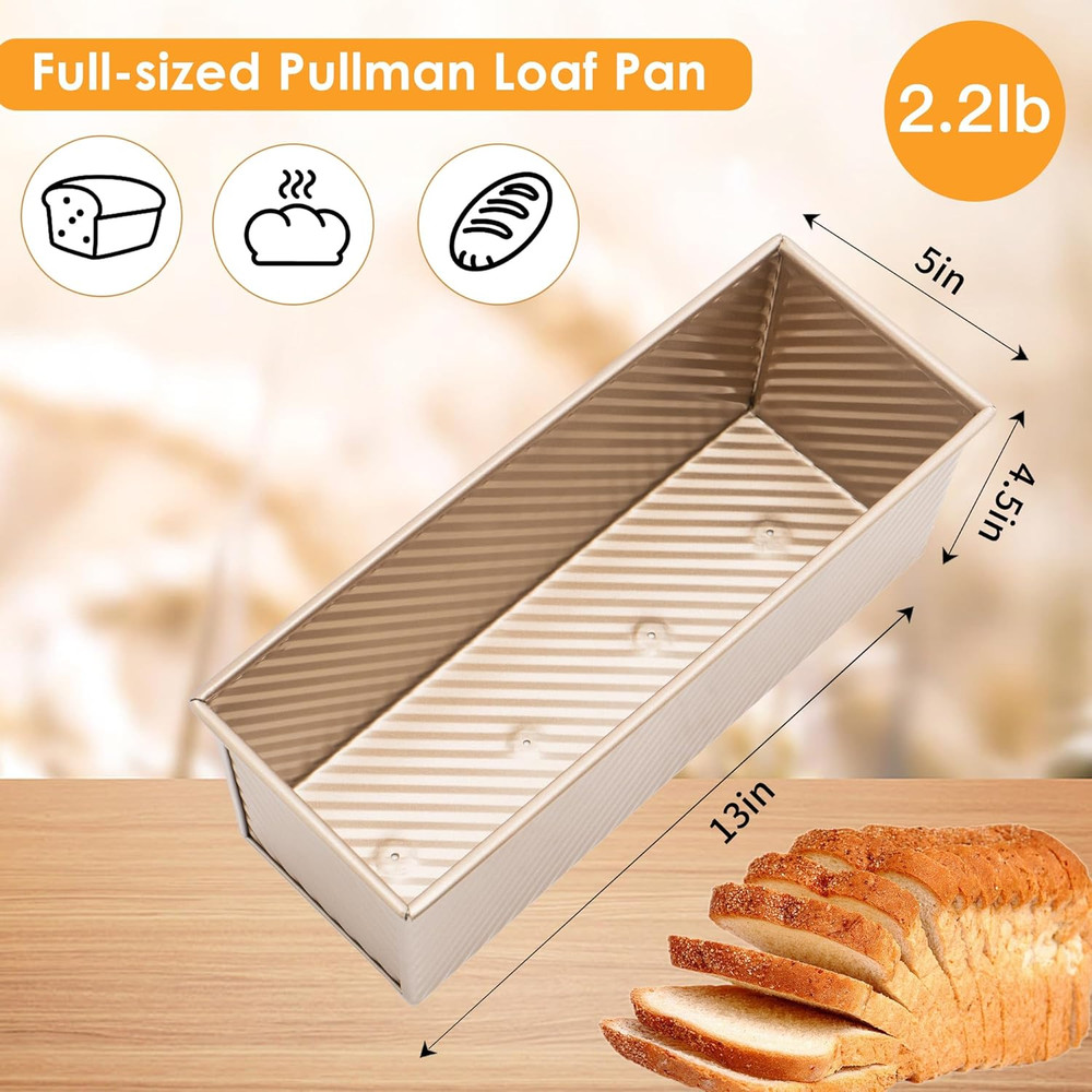 2.2Lb Bread Pan, Non-Stick Rectangle Pullman Loaf Pan with Lid, Long Sourdoug...