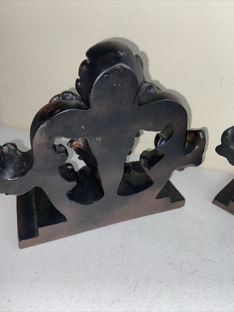 Pair Floral Scroll Carved Resin Bookends Dark Brown/Black 9”x8” Solid Decor