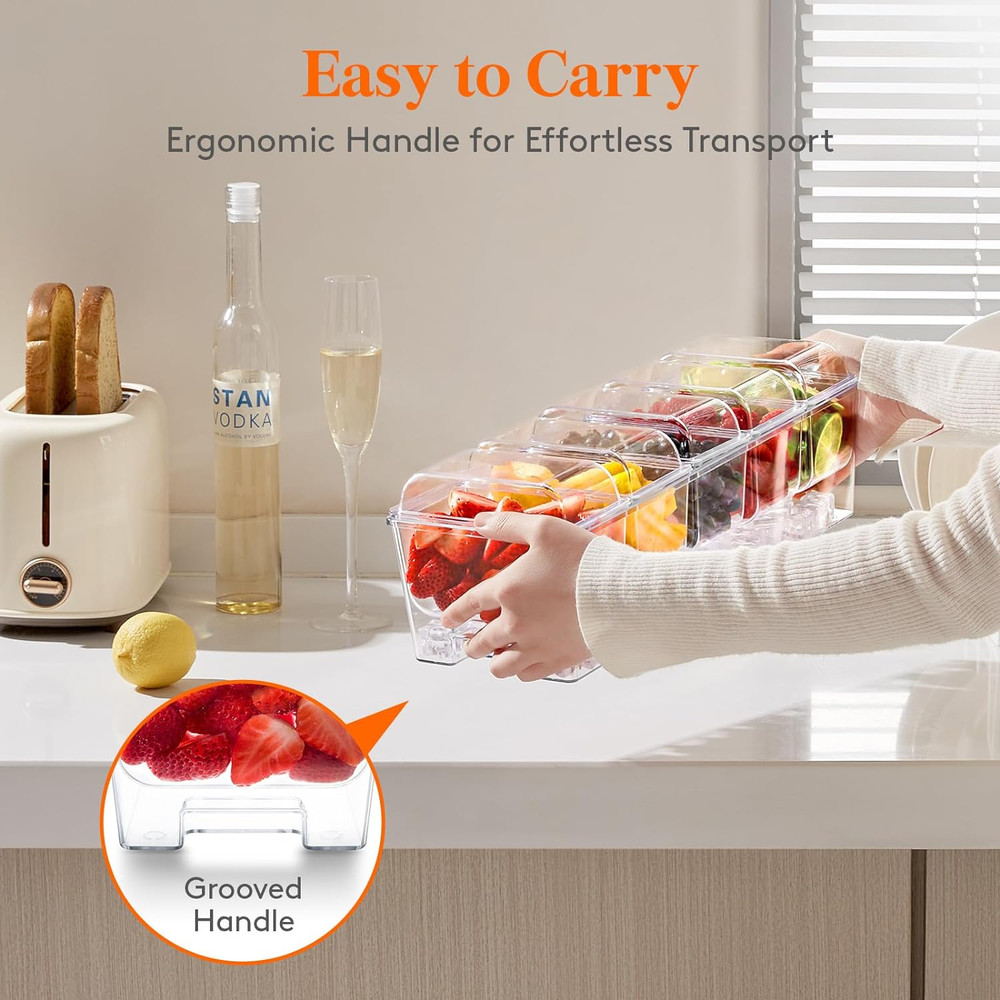 Ice Chilled Condiment Caddy with 5 Containers(2.5 Cup), Condiment Server with Se
