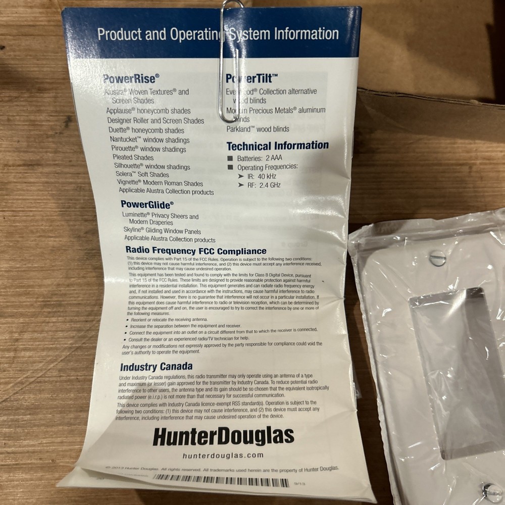 Brand New Hunter Douglas Platinum wireless wall switch remote. NOS!!!