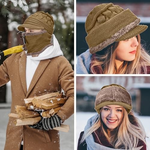 Fleece Lined Beanie Hat, Elastic Soft Ear Protection Knitted One Size Khaki