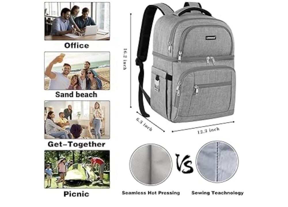 Cooler Backpack Insulated Backpack Cooler Leakproof Double Deck Cooler Bag Grey