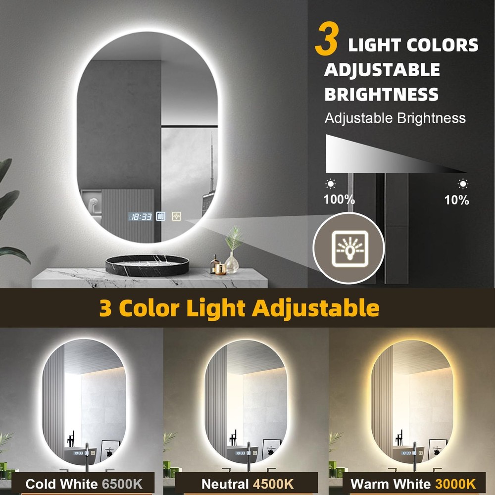 LED Lighted Bathroom Mirror 20x30 Inch Anti-Fog Dimmable With Time Function