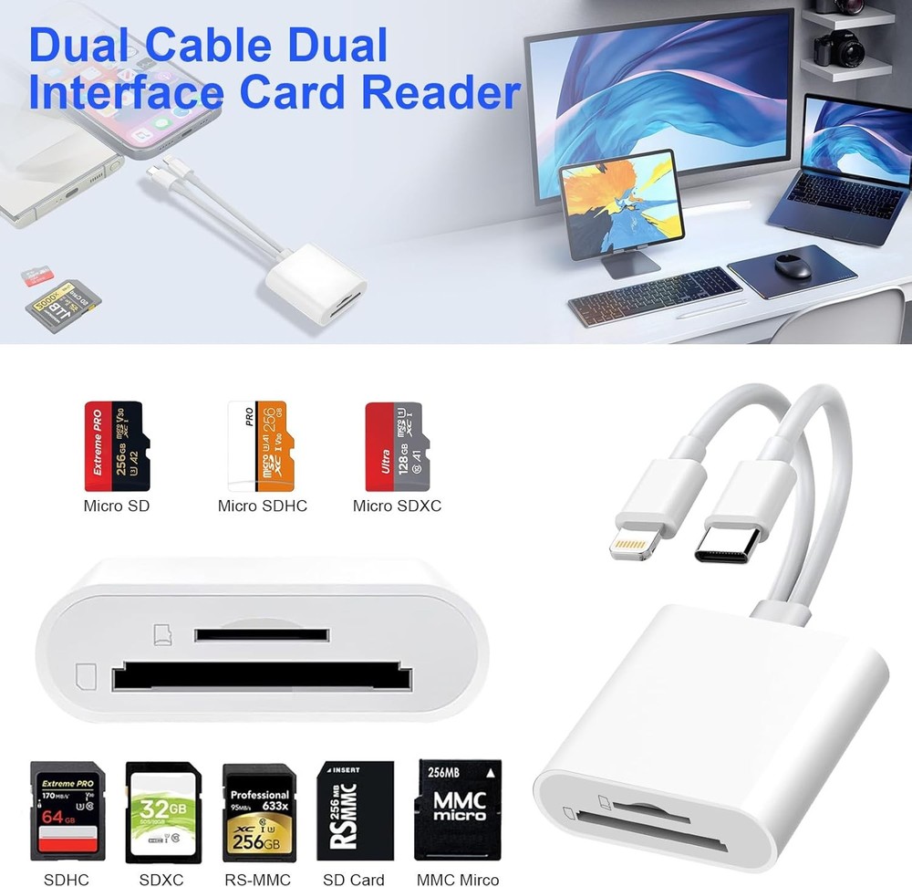 SD Card Reader for iPhone iPad, USB C & Lightning Dual 2 Slot, White