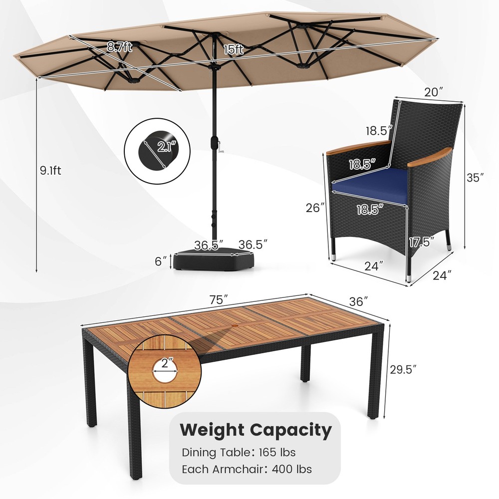 11 PCS Patio Wicker Dining Set w/Double-Sided Outdoor Umbrella 8 Stackable
