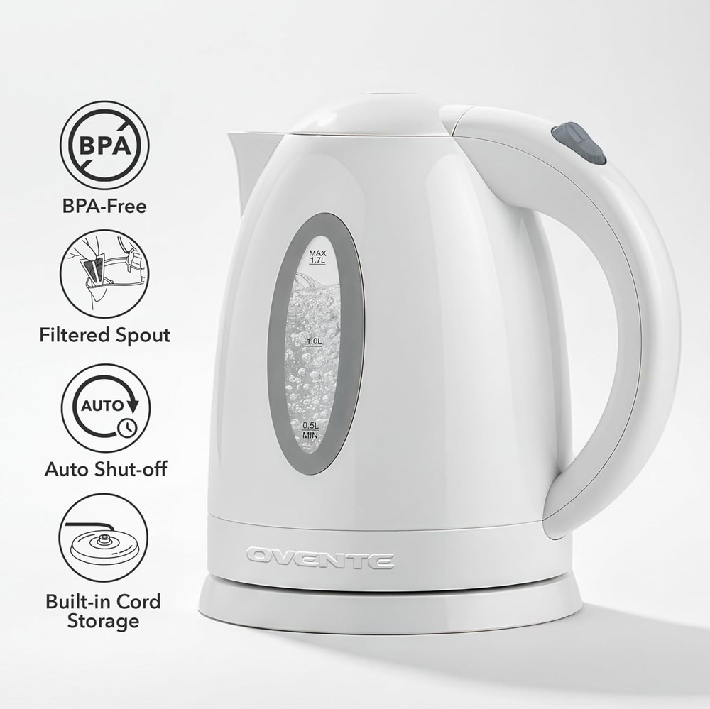 Fast Boiling 1.7L Electric Kettle with Auto Shut-Off & Removable Filter | White
