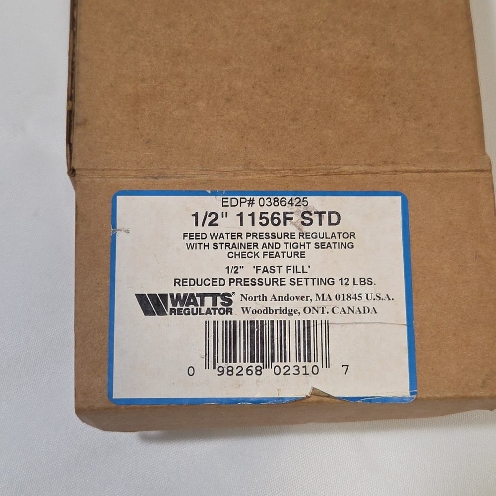 Watts Feed Water Pressure Regulator Valve 1/2" 1156F STD Fast Fill New Open Box