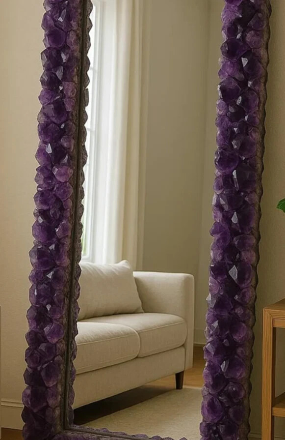24"x18" Amethyst Wall Mirror Frame | Handmade Natural Gemstone Crystal Mirror