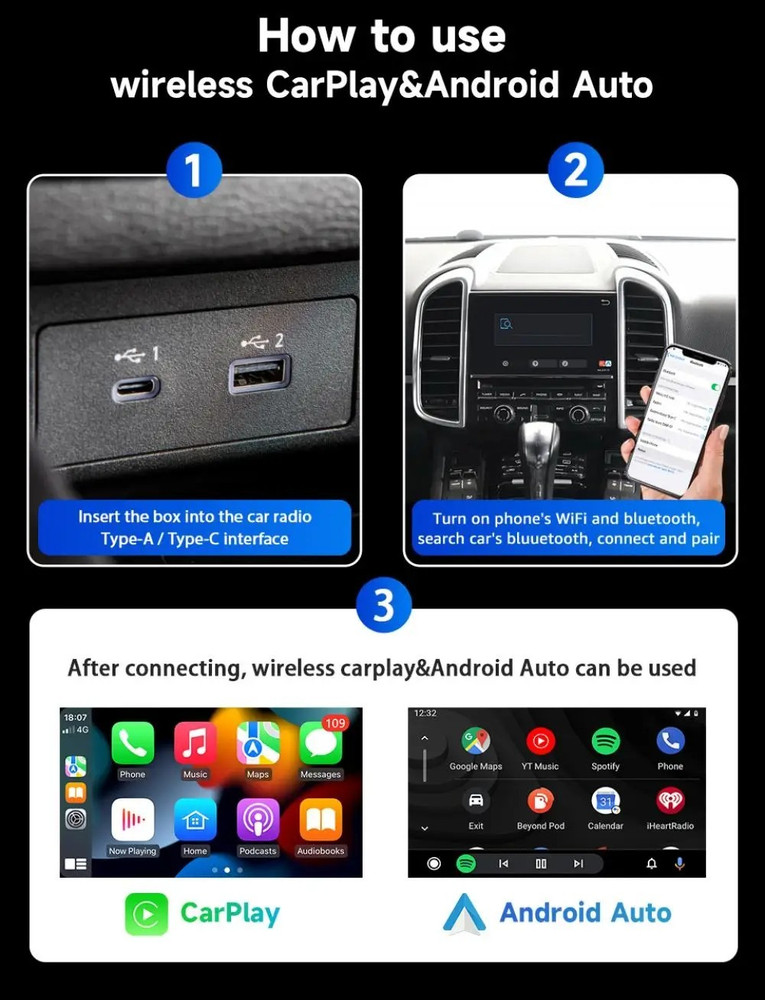Wireless CarPlay & Android Auto USB Adapter, Plug & Play for iphone Android