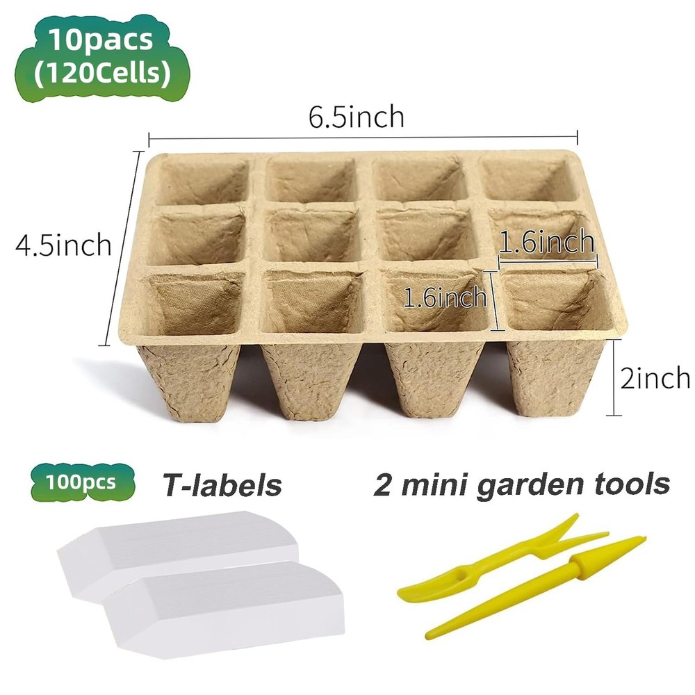 120 Cells Seed Starter Tray, 10 Pack Biodegradable Peat Pots with 100 Labels,...