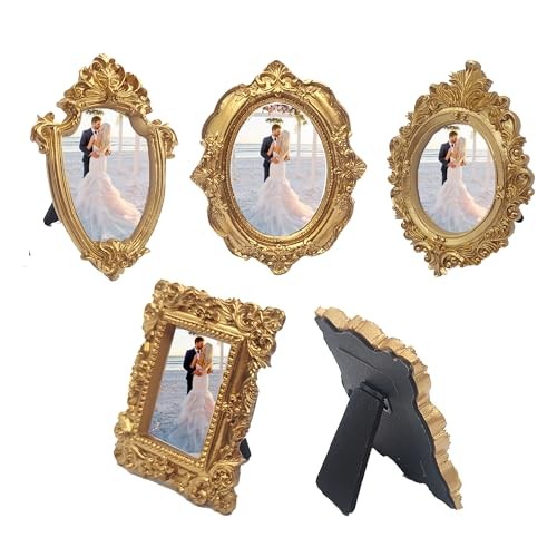 5 Pcs Mini Frames - Small Vintage Flower Oval Rectangle Baroque with back Gold
