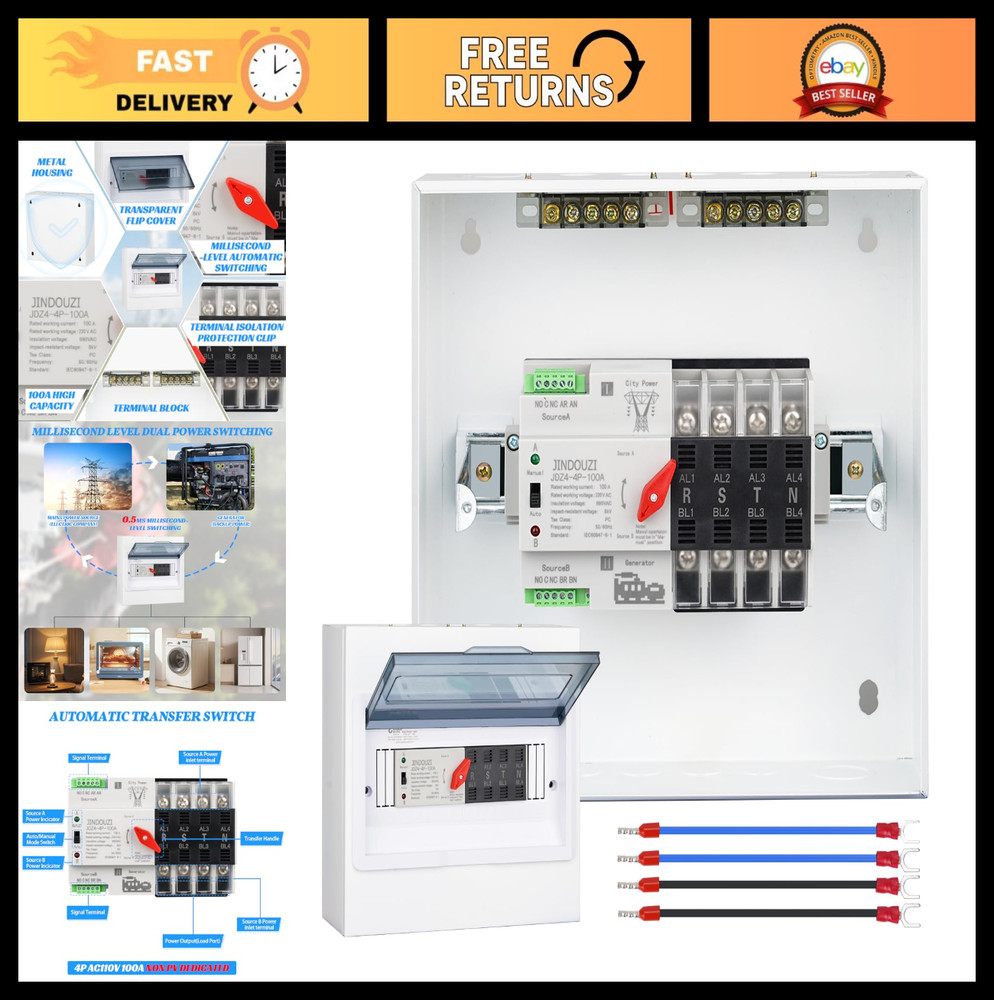 Automatic Transfer Switch 100A 220V, Dual Power Switch with Metal Box, Fast Resp