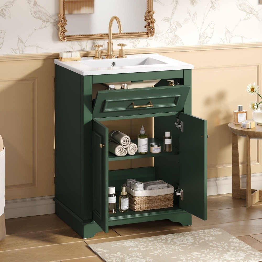 24" Bathroom Vanity with Ceramic Sink, 2 Doors & Tip-Out Tray, Green Small Space