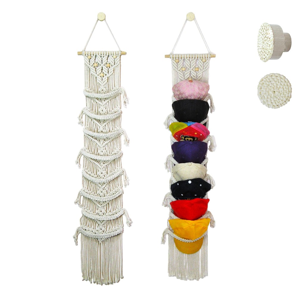 8-Tier Macrame Baseball Cap Organizer With Boho Hooks—Handwoven Boho Cap Hold...