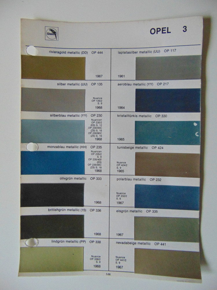 Original Glasurit Opel Paint Chips Sheet - 1961-1968