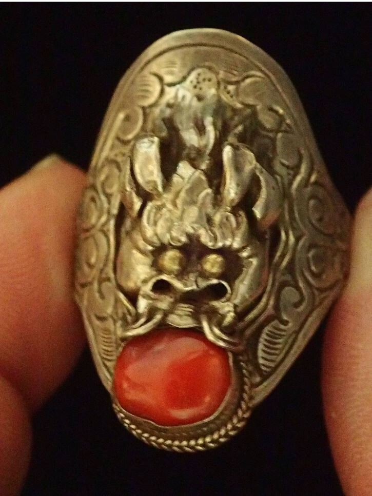 Sterling Silver Dragon with Amber Ring  Sz 12.25