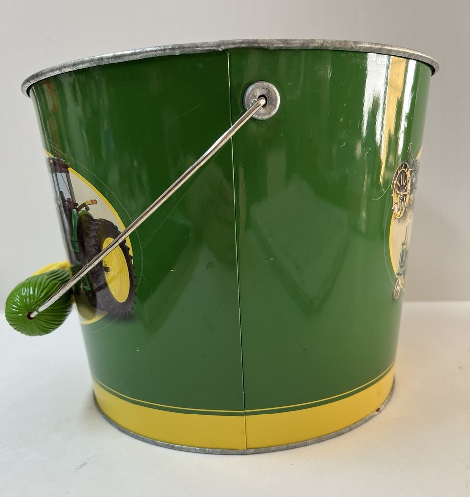 Decorative John Deere Tin Bucket w/Plastic Corn-shaped Grip Handle 7” H