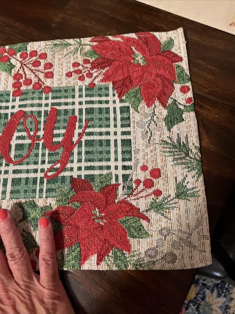 Christmas table runner poinsettias/ JOY EUC 13” x 70”