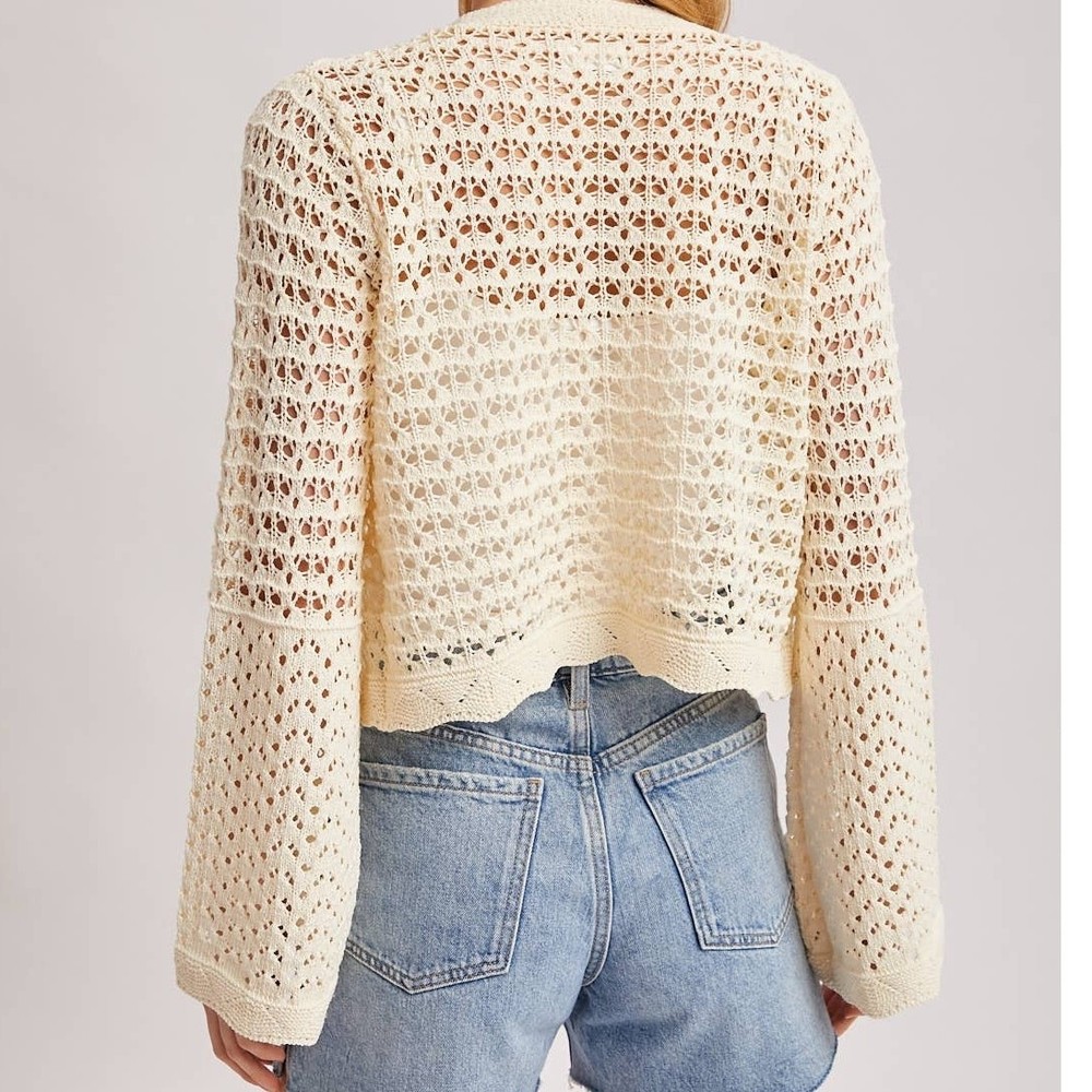 Button-Down Open-Knit Crochet Cardigan Ecru Small