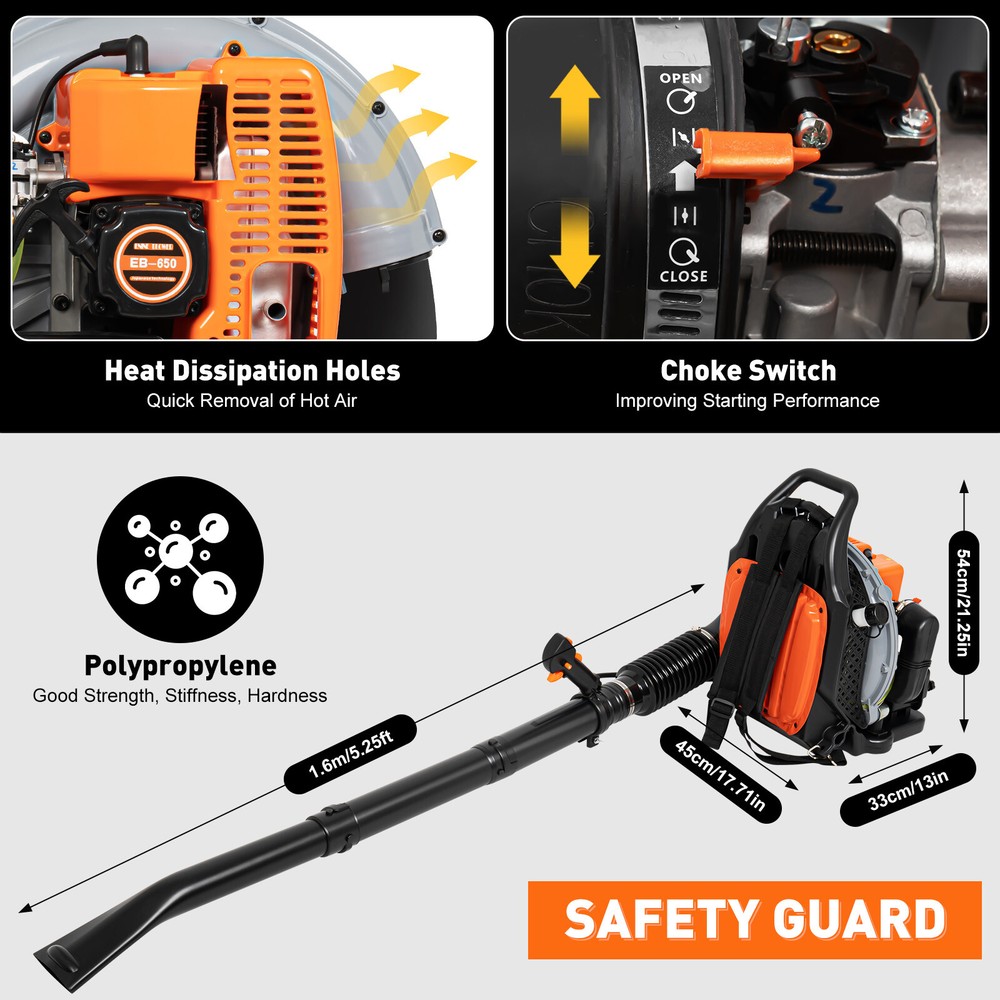 63CC 2-Stroke Manual Start Backpack Gas Powered Leaf Blower 6800r/min