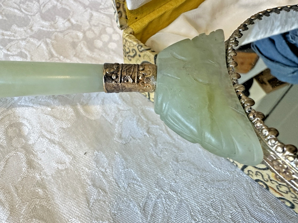 Vintage 1950’s Vanity Hand Held Mirror Jade Handled Pocelain Handpainted