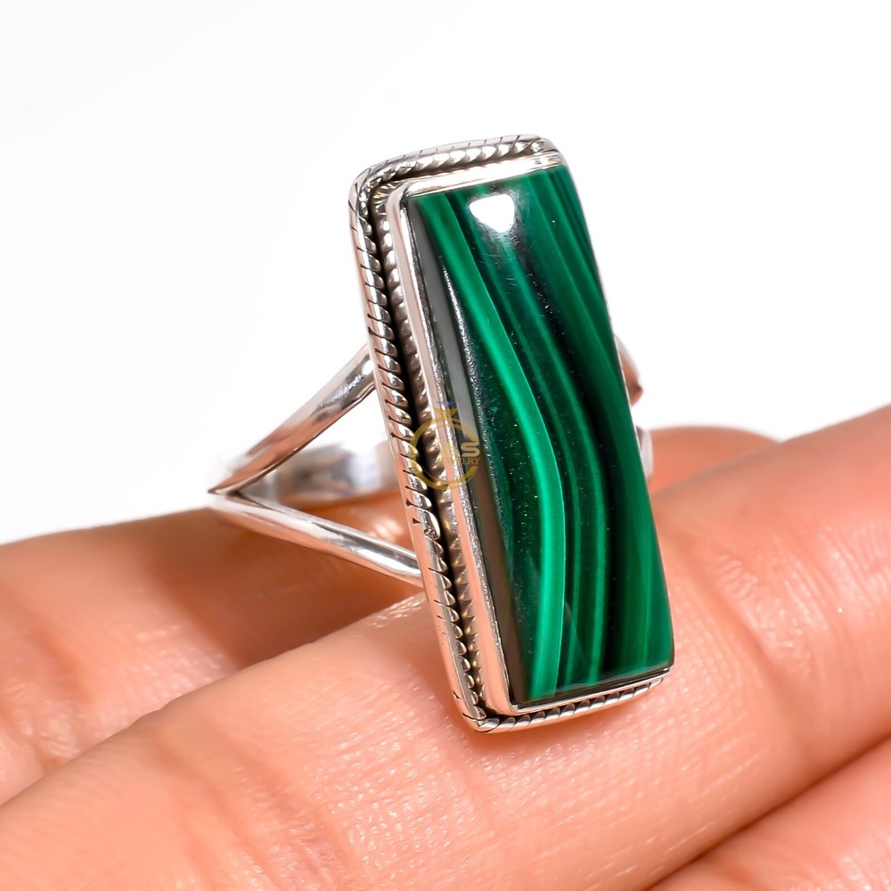 Natural Malachite Gemstone Ring Green Stone 925 Sterling Silver Statement Rings